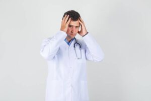 Male Doctor Holding Head With Hands White Coat Looking Upset 300x200