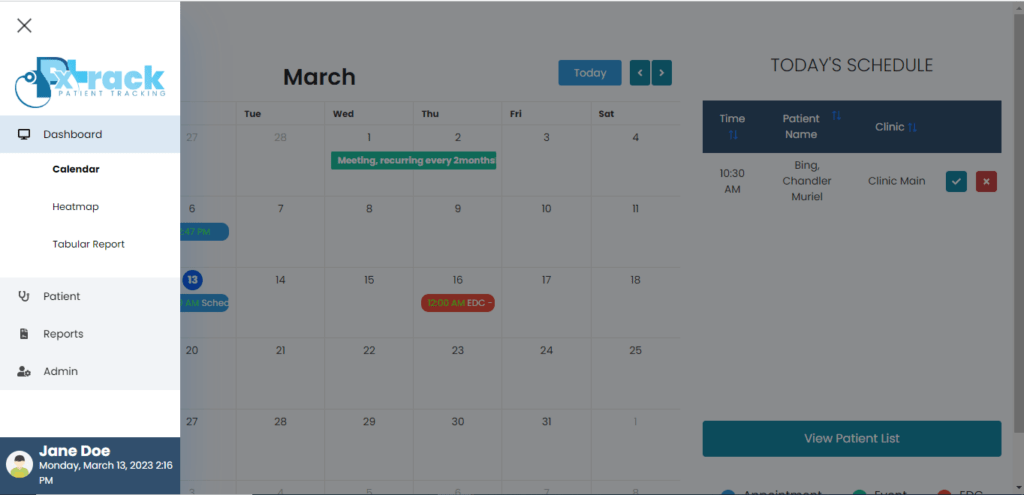 PxTrack EMR Dashboard Calendar